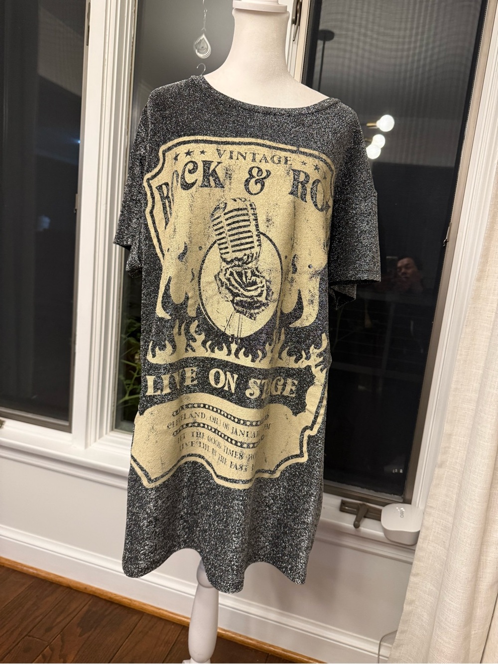 ARULA Rock & Roll Black Tunic Tee Dress with Vintage Rock Graphic